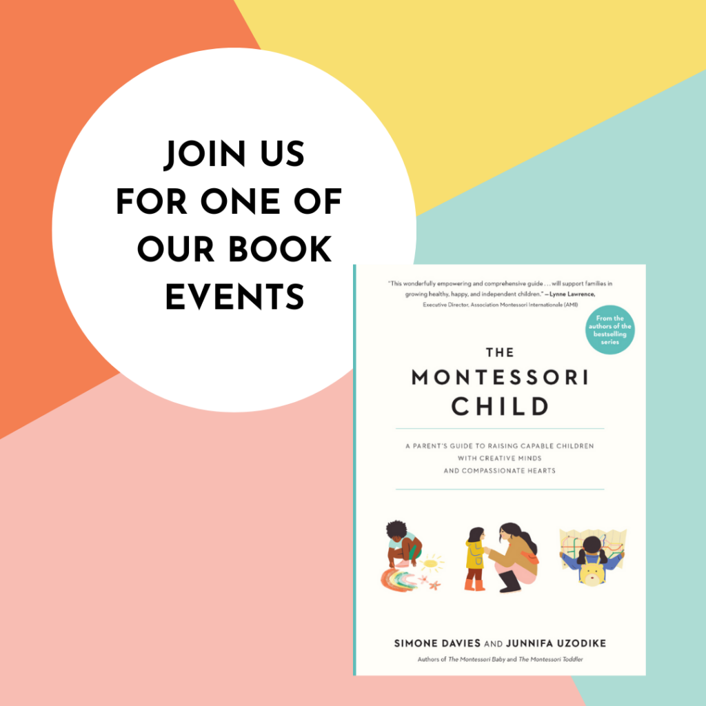 image of The Montessori Child book with a circle saying "Join us for one of our book events"